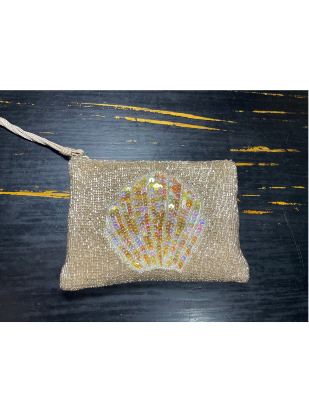 Vintage Liz Claiborne Beaded Seashell Clutch Wristlet Gold & Iridescent Sequins - Picture 3 of 5